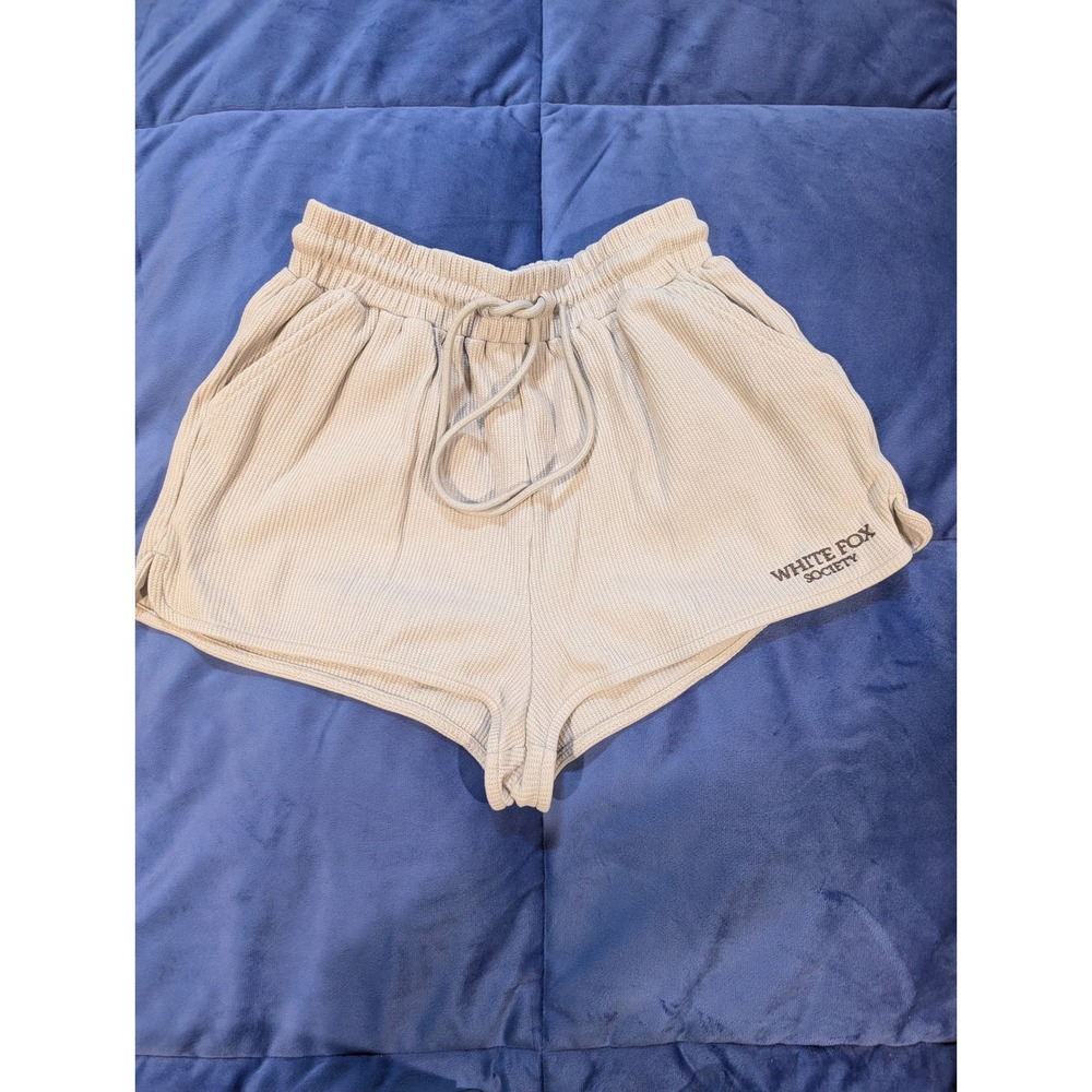 White Fox Society Waffle Knit‎ Lounge Shorts Beige Pockets Logo - Size XS